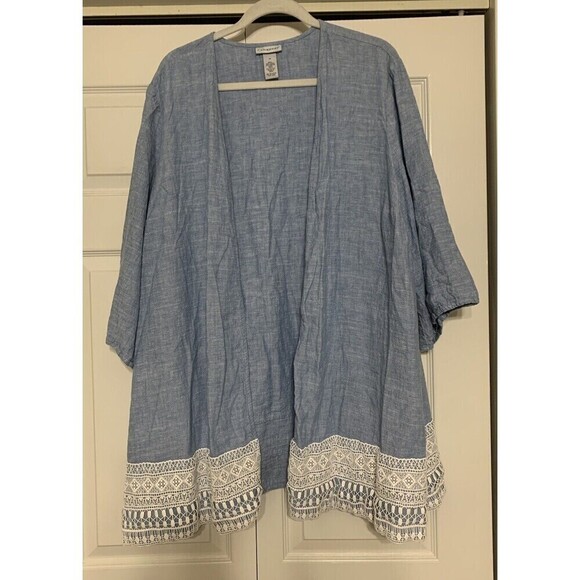 Catherines Linen Blend Chambray Blue & Crochet Lace Open Cardigan Size 3X (X26) - Picture 5 of 9